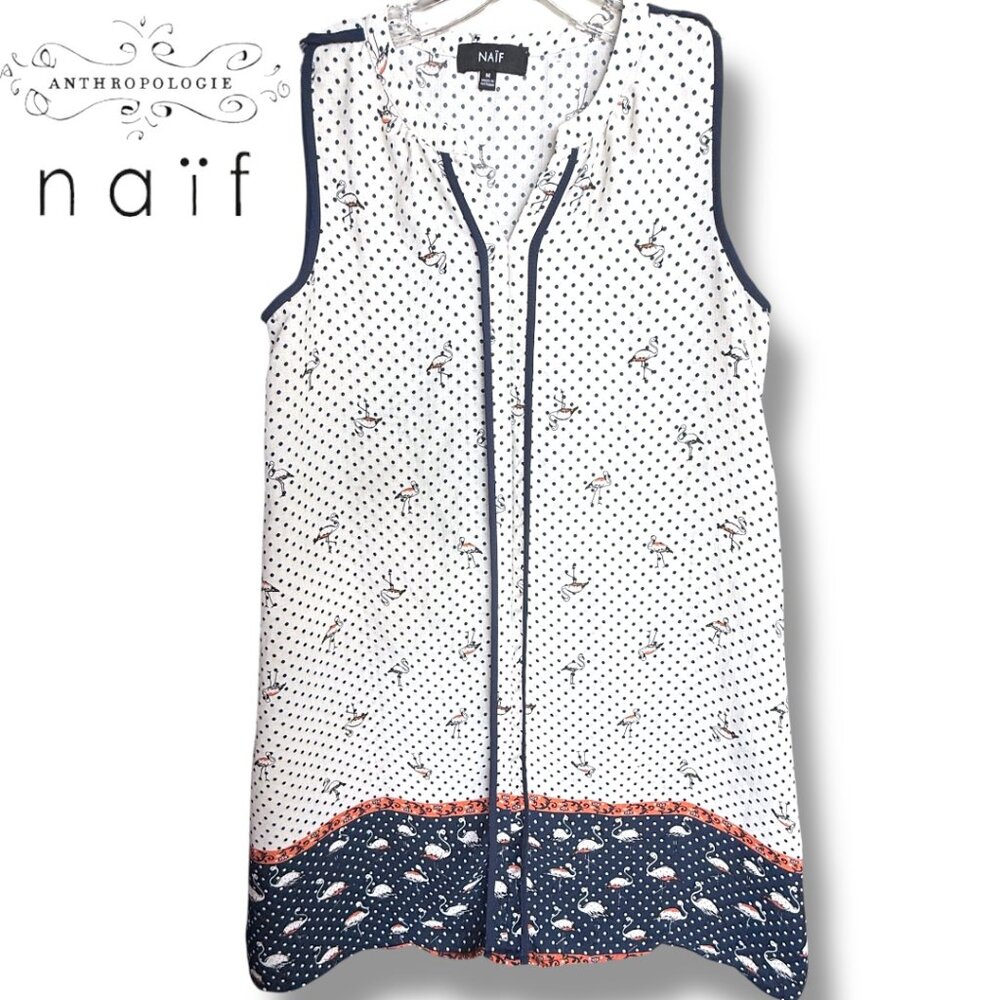 Naif Sleeveless Shift Dress Flamingos on Polka Dots White Navy Novelty Print | M